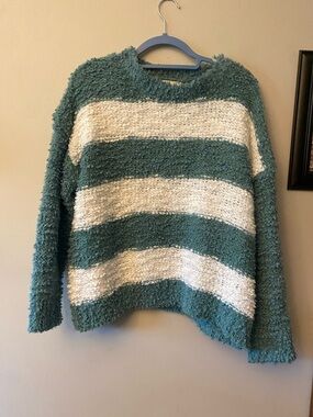 ADORA Teal and Cream Striped Crew Sweater
